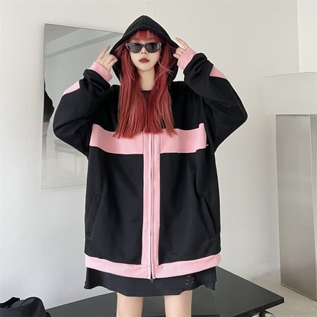 ユニセックス パーカー ジップアップ バイカラー クロスデザイン オーバーサイズ カジュアル 韓国ファッション メンズ レディース 韓国ストリートファッション DTC-681105858978