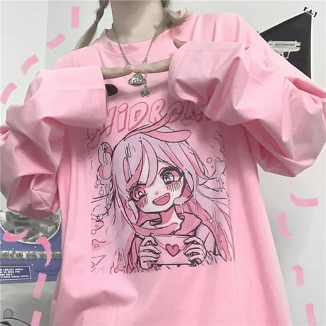Tシャツ 長袖 女の子プリント オーバーサイズ 大きめ ロンT カジュアル 病み可愛い 病みかわ 地雷系 韓国ストリートファッション 韓国ファッション レディース DTC-636364376342