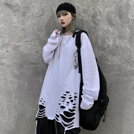 ユニセックス Tシャツ 長袖 ダメージ加工 無地 ロンT オーバーサイズ 韓国ファッション メンズ レディース 韓国ストリートファッション DTC-607044830886