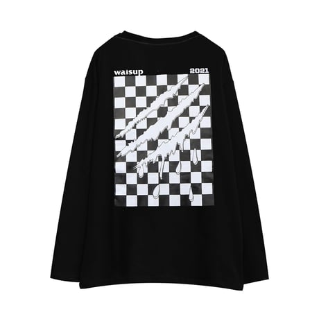 ユニセックス Tシャツ 長袖 モノトーンフラッグ柄 爪痕 オーバーサイズ 韓国ファッション メンズ レディース ロンT カジュアル ストリートファッション DTC-651649556386