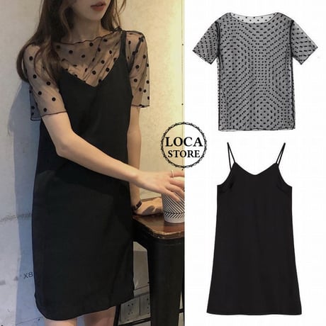 セットアップ 2点セット キャミワンピース ドット柄 レース Tシャツ ノースリーブ 大人可愛い ガーリー 韓国ファッション レディース DCT-621675137865