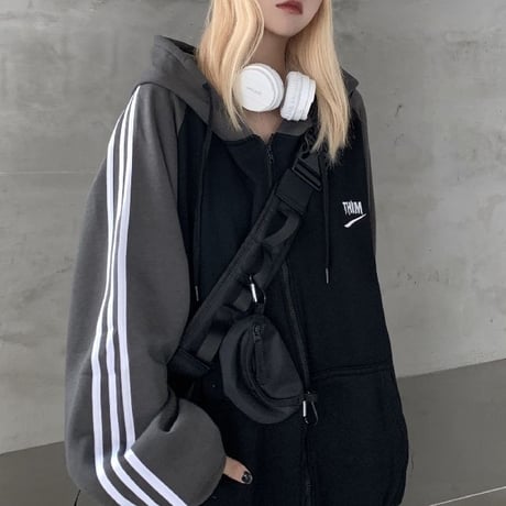 【3カラー】 ユニセックス パーカー ジップアップ バイカラー 裏起毛 ルーズ ライン入り 韓国ファッション メンズ レディース カジュアル ストリート系 DTC-627099735837
