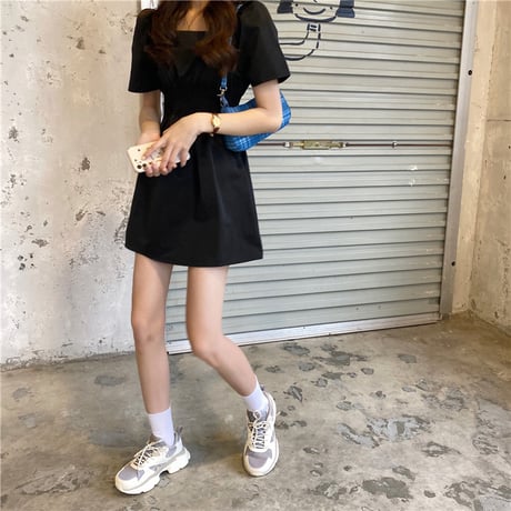 ワンピース ミニ丈 Aライン ブラック スクエアネック 黒 ハイウエスト シンプル 半袖 レトロ 韓国ファッション レディース 大人可愛い ガーリー DTC-616628163164_bk