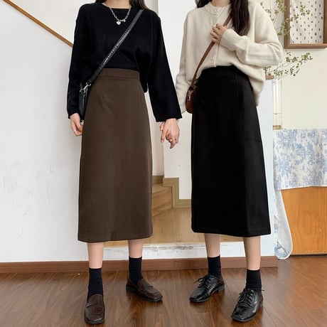 スカート バックスリット ハイウエスト ロング丈 Aラインスカート ストレート レトロ 韓国ファッション レディース 大人可愛い ガーリー DTC-627856239032