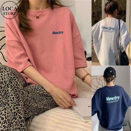 tシャツ ワンポイント バックプリント オーバーサイズ 半袖 ドロップショルダー クルーネック シンプル ルーズ レトロ 大人可愛い ガーリー カジュアル DTCA-645393552994