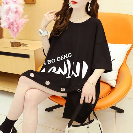 不規則デザイン Tシャツ 英字プリント ラウンドネック スリット 半袖 韓国ファッション レディース トップス ガーリー カジュアル ストリートファッション DTC-643528969619