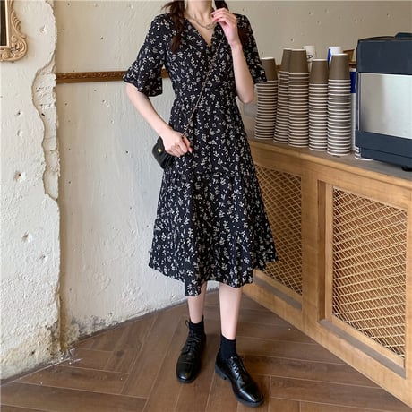 花柄ワンピース Vネック ハイウエスト 半袖 韓国ファッション レディース ワンピ フラワープリント 大人可愛い ガーリー DTC-640279162781