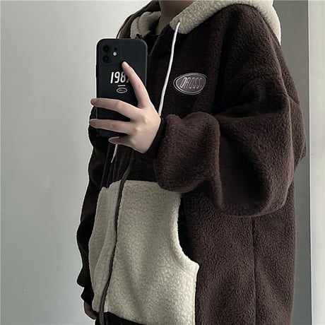 ユニセックス バイカラー フード付き ボアジャケット ボアブルゾン ボアパーカー ジップアップ オーバーサイズ ラムウール 韓国ファッション カジュアル ストリート系 DTC-662379916607