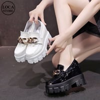 厚底 ローファー 22.0～24.5cm チェーンデザイン インヒール パテントレザー 歩きやすい ホワイト ブラック 靴 厚底シューズ ガーリー DTC-653680025155