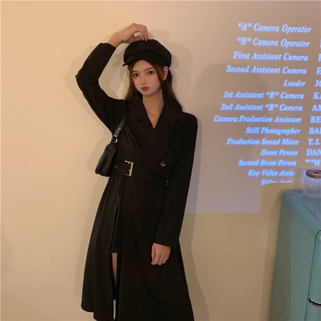 トレンチ風 ワンピース スリット ウエストベルト 長袖 レトロ 韓国ファッション レディース 長袖 ゆったり 大人可愛い ガーリー DTCA-693166519226