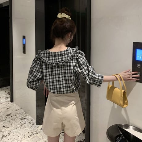 チェック柄 ブラウス 大きい襟 パフスリーブ 七分袖 レトロ 韓国ファッション レディース 大人可愛い ガーリー フェミニン DTC-676701201593