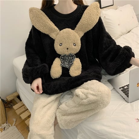 ルームウェア パジャマ セットアップ フリース トップス + パンツ ラビット うさぎ 長袖 上下セット 長袖 韓国ファッション レディース もこもこ ガーリー 627109268664