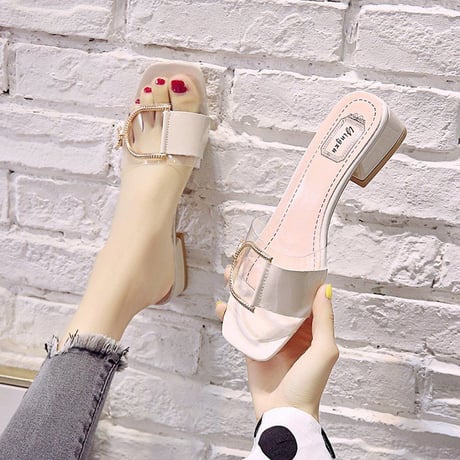 サンダル バックル スリッパ チャンキーヒール 4cm スクエアトゥ 韓国ファッション レディース 痛くない かわいい 靴 歩きやすい 614668048759