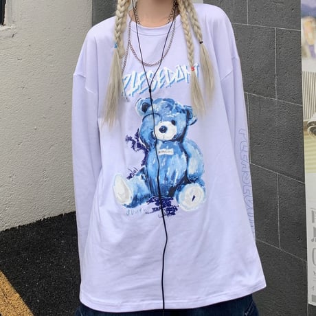 ユニセックス Tシャツ 長袖 プルオーバー くまちゃん ベアー 袖プリント オーバーサイズ レトロ 韓国ファッション メンズ レディース カジュアル ストリート系 DTC-625051222286