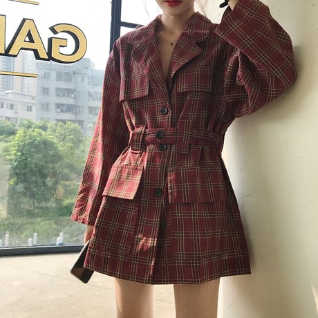 シャツ ワンピース ベルト付き チェック柄 韓国ファッション レディース ミニ丈 シャツ チェックシャツ 長袖 レトロ 秋 冬 (DTC-604367238751)