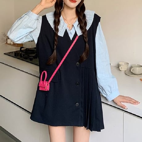 セットアップ ブラウス ＋ ベストワンピース プリーツ フロントボタン 韓国ファッション レディース 2点セット 大人可愛い ガーリー フェミニン レトロ DTC-641172143458