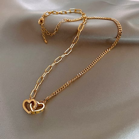 ダブルハート ネックレス CZ チェーン付き レディース ペンダント 合金 アクセサリーDTC-633357761746)