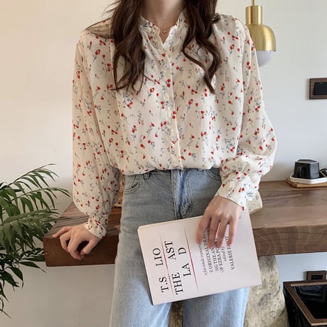 小花柄 ブラウス 長袖 立襟 韓国ファッション レディース シャツ 薄手 大人可愛い ガーリー レトロ 春コーデ DTC-625759816311