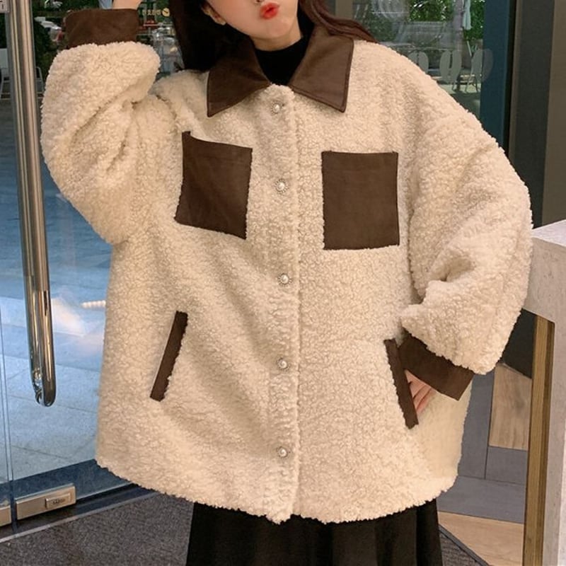 ボアジャケット ボアブルゾン 配色 もこもこ ラムウール ドロップ 