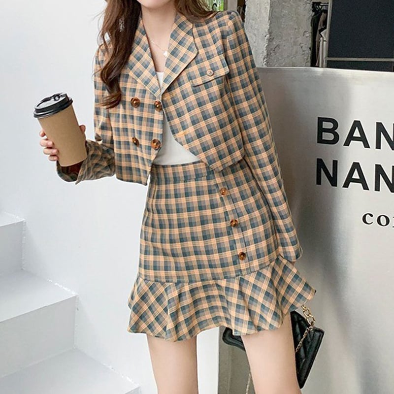 セットアップ チェック柄 ショートジャケット フィッシュテール セットアップ チェック柄 ショートジャケット フィッシュテール