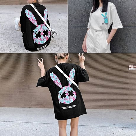【2カラー】 ユニセックス Tシャツ 半袖 BADRABBIT うさぎ オーバーサイズ カジュアル 韓国ファッション メンズ レディース 韓国ストリートファッション DTC-619746188143