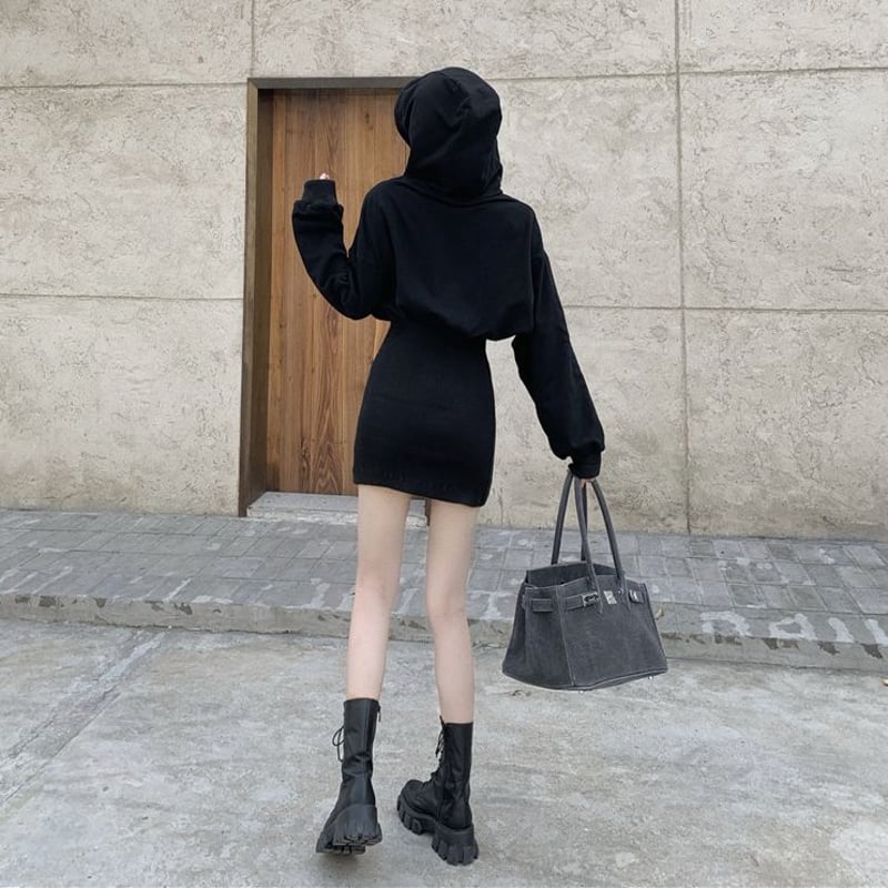 フード付き ワンピース ハイウエスト ミニワンピース パーカー