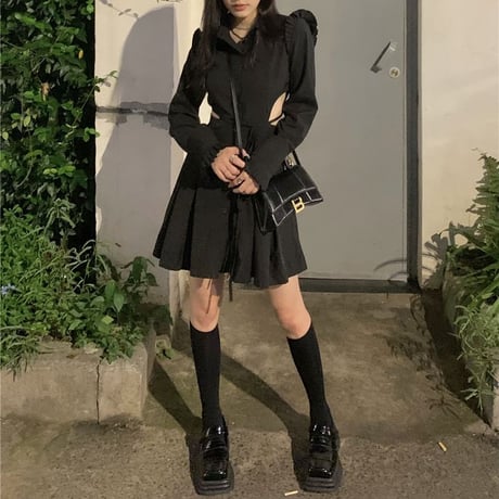 シャツワンピース ウエストカット フリル ワンピース ショート丈 Aライン ハイウエスト 長袖 レトロ 韓国ファッション レディース 大人可愛い ガーリー DTC-745044555284