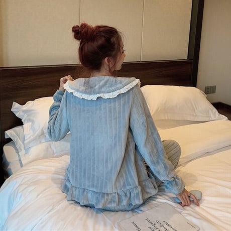 ルームウェア パジャマ セットアップ コーラルフリース トップス + パンツ 長袖 上下セット 韓国ファッション レディース ホワイト ブルー ガーリー 630856660553