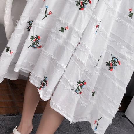 レディース Vネック 花柄刺繍ロングワンピース ガーリー フレア マタニティー フレアスカート コットンリネン (DCT-591046797317)