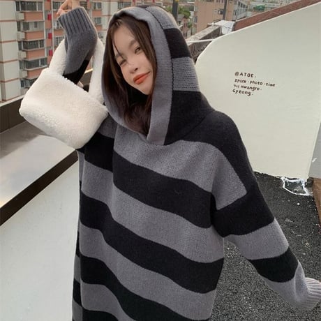ボーダー柄 フード付き ニットワンピース ロング丈 ニット 長袖 ゆったり ルーズ レトロ 韓国ファッション レディース 大人可愛い ガーリー カジュアル DTC-663533210883