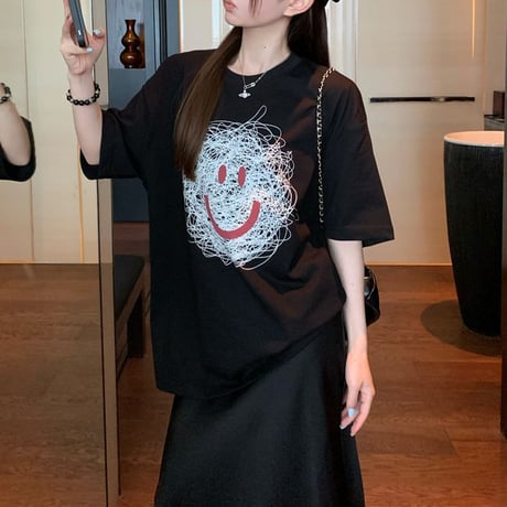 Tシャツ スマイリー フェイス プリント トップス 半袖 オーバーサイズ レトロ 韓国ファッション レディース 大人可愛い ガーリー カジュアル DTC-809615850942