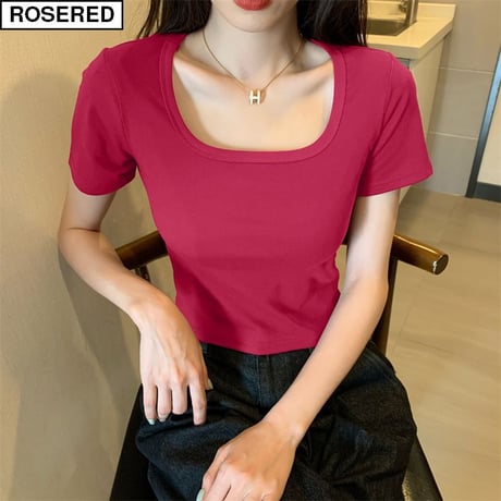 【5カラー】 Tシャツ スクエアネック ショート丈 トップス 無地 半袖 レトロ 韓国ファッション レディース 大人可愛い ガーリー DTC-711502261861