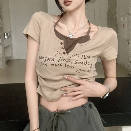 フェイクレイヤード Tシャツ ホルターネック レタープリント ショート丈 トップス 半袖 レトロ 韓国ファッション レディース 大人可愛い ガーリー DTC-782762866387