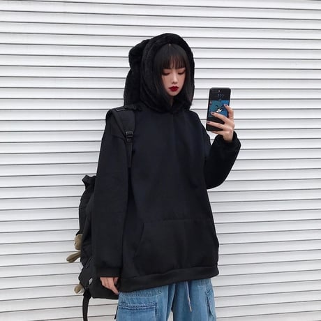 うさ耳 プルオーバー パーカー ラビットファーフード 韓国ファッション メンズ レディース プラスベルベット オーバーサイズ ストリート カジュアル DTC-628209364816