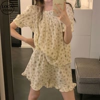 ルームウェア パジャマ セットアップ 小花柄 スクエアネック 部屋着 上下セット レトロ 韓国ファッション レディース 大人可愛い ガーリー フェミニン DTC-679094170109