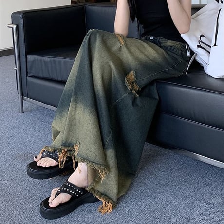 デニムスカート ヴィンテージ風 ダメージ加工 フリンジ 切りっぱな裾 Aライン ハイウエスト デニム ロングスカート レトロ 大人可愛い ガーリー カジュアル DTCA-738580370386