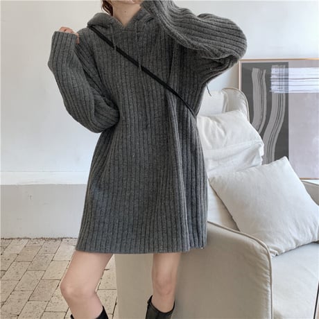 【パーカー】 フード ニット プルオーバー ルーズ 厚手 韓国ファッション レディース トップス パーカーワンピース 無地 長袖 カジュアル ストリート DTC-630591680139