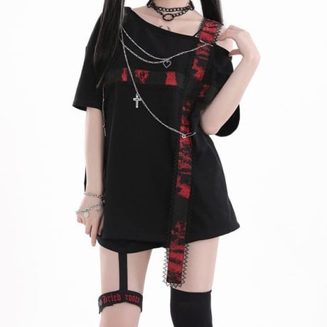 ワンショルダー Tシャツ ストラップ チェーン付き 肩出し トップス アシンメトリー ルーズ 半袖 Y2K レトロ 韓国ファッション レディース 大人可愛い ガーリー DTC-800436724194