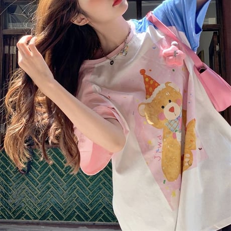 Tシャツ 立体スター クマちゃんプリント バイカラー ラグランスリーブ 半袖 オーバーサイズ トップス レトロ 韓国ファッション レディース 大人可愛い ガーリー DTC-773427210950