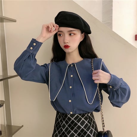 ブラウス シャツ 大きい襟 長袖 韓国ファッション レディース トップス ゆったり レトロ 大人可愛い ガーリー DTC-625130861610