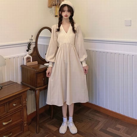 ワンピース Vネック 長袖 ハイウエスト ルーズ 韓国ファッション レディース ランタンスリーブロング丈 秋冬 ゆったり 大人可愛い ガーリー DTC-631969939063