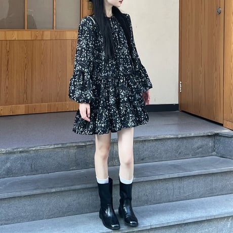 花柄 ワンピース ランタンスリーブ フリル ミニワンピース ゆったりウエスト Aライン ルーズ 長袖 レトロ 韓国ファッション レディース 大人可愛い ガーリー DTC-734739190315