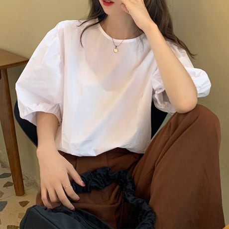 ブラウス Tシャツ トップス パフスリーブ クルーネック ルーズ シンプル 半袖 レトロ 韓国ファッション レディース 大人可愛い ガーリー カジュアル DTC-666925559894