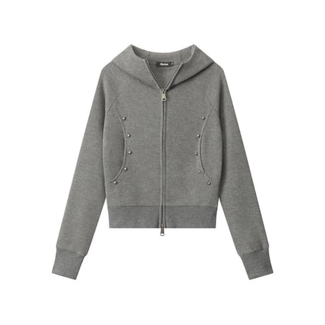 フーディー スクエアスタッズ ダブルジップ パーカー トップス ショート丈 スリムフィット 長袖 レトロ 大人可愛い ガーリー ストリート女子 カジュアル DTCA-875529662191