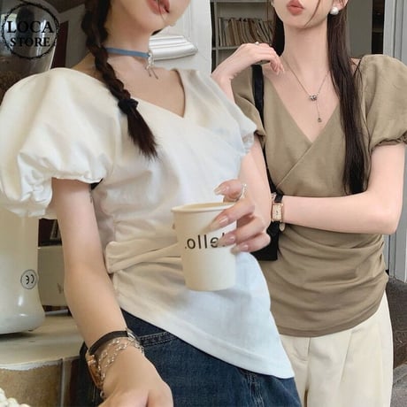 Tシャツ クロスデザイン Vネック パフスリーブ 薄手 半袖 レトロ 韓国ファッション レディース 大人可愛い ガーリー DTC-715100887328
