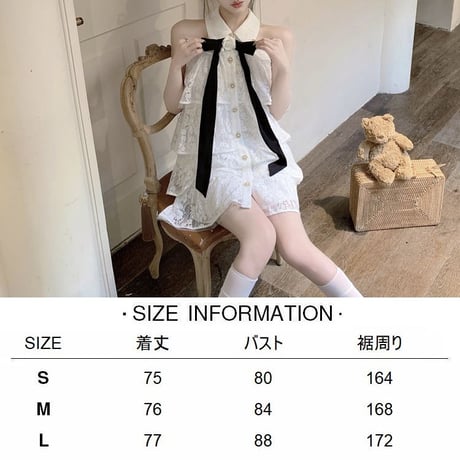 リボンタイ ノースリーブ ティアード ワンピース レース フリル フラワーリボン ミニワンピース 韓国ファッション レディース 大人可愛い ガーリー フェミニン DTC-707096470290