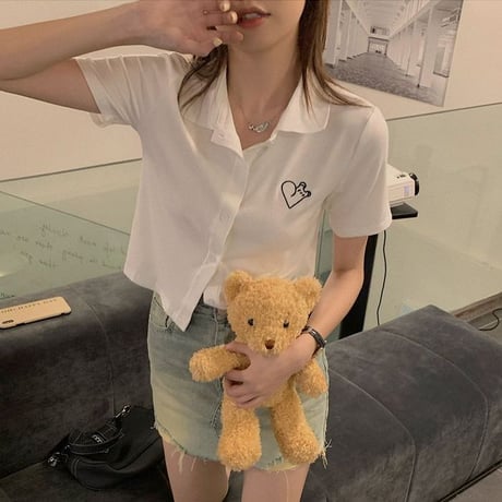 ブラウス シャツ 半袖 ワンポイント刺繍 ショート丈 レトロ 韓国ファッション レディース 大人可愛い レトロ ガーリー カジュアル DTC-680320363928