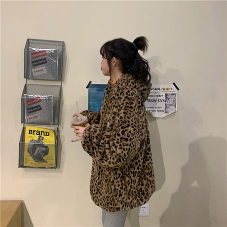 レオパード ボアパーカー プルオーバー オーバーサイズ ラムウール 韓国ファッション レディース ボアブルゾン ヒョウ柄 フリース もこもこ 防寒 ガーリー DTC-629124570504