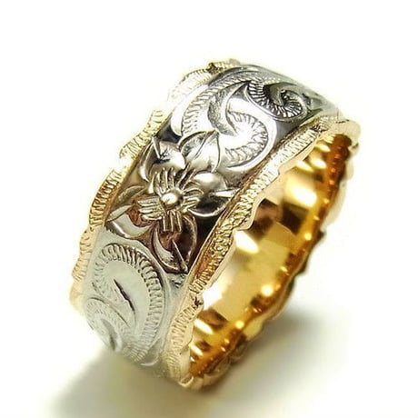 【ハワイアンジュエリー / HawaiianJewelry】 リング/指輪 フェザー ホヌ　プルメリア K14イエローゴールドコーティング (grs8594)