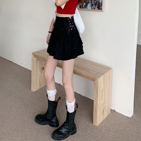 ティアードスカート ミニスカート サイドレースアップ 編み上げ ラッフルフリル ハイウエスト ゆったり 韓国ファッション レディース 大人可愛い ガーリー ゴシック DTC-666437390593